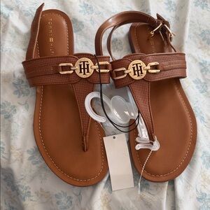 Tommy Hilfiger Women's Tan Sandals with Gold Accents